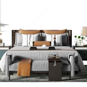 新中式双人床3D模型下载